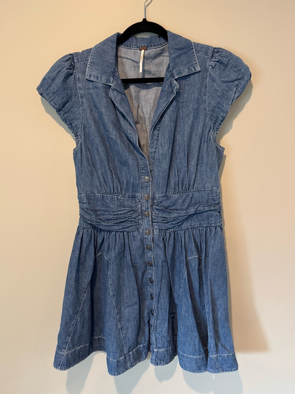 Denim Short Sleeve Fit-and-Flare Dress in Blue - Picture 2 of 3